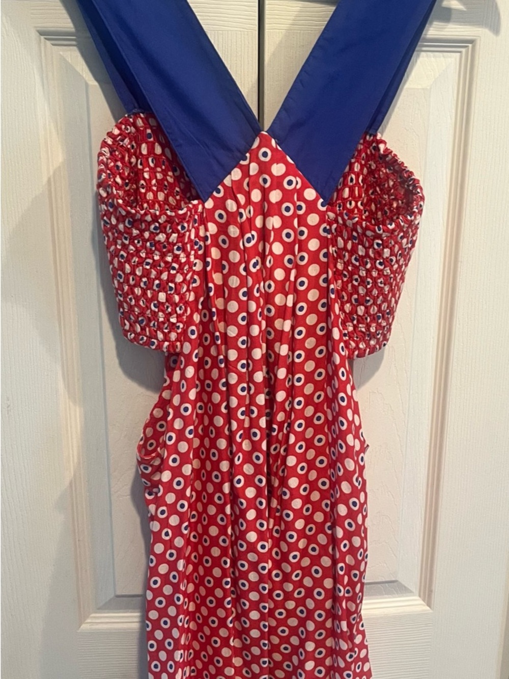 Anthropologie Red Polka Dot Mini Dress with Blue Straps Sz M - Picture 4 of 10